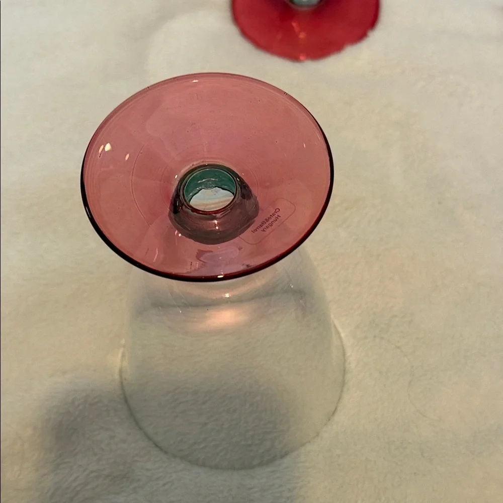 Crate & Barrel Red Base Wine Glass Set with Green Accents - Like New